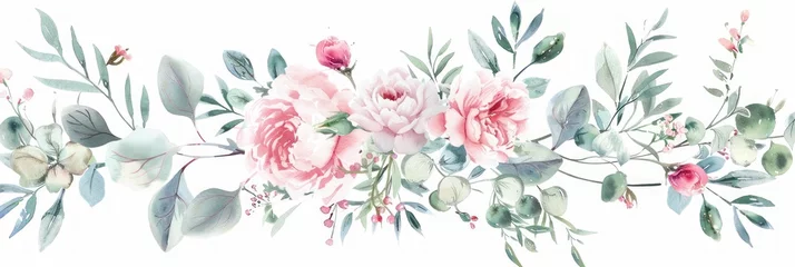  Pink and Dusty Rose Watercolor Floral Illustration with Eucalyptus Greenery Generative AI © AlexandraRooss