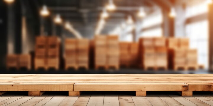The empty wooden table top with blur background of a large warehouse. Exuberant image. generative AI