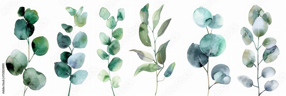 Wall mural Green Eucalyptus Leaf Branches - Watercolor Floral Illustration Set Generative AI