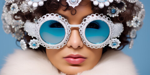 Closeup portrait of a fashionable young woman wearing fur coat and sunglasses with blue rhinestones and pearls. - obrazy, fototapety, plakaty