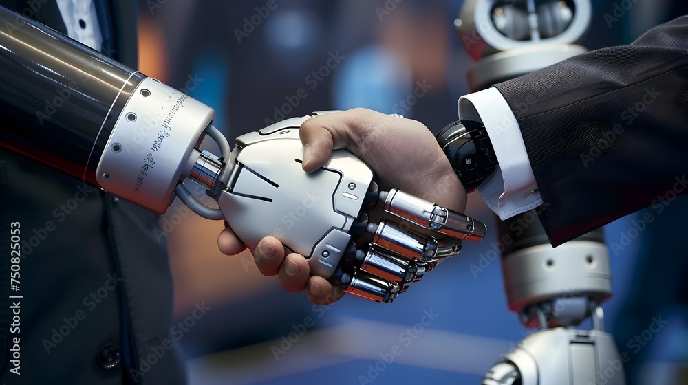Poster two men shaking hands with a robot in a business setting