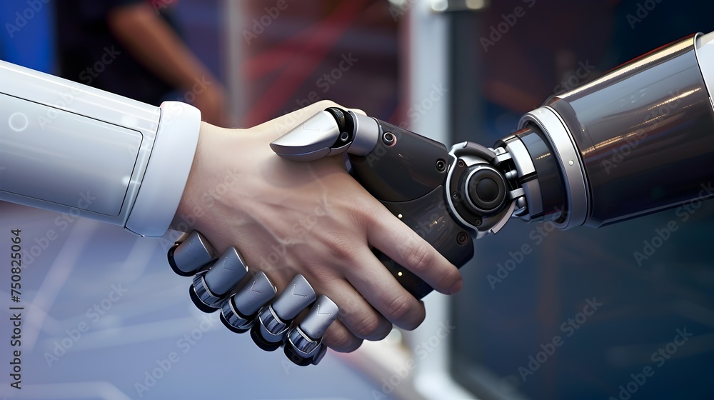 Poster robots shaking hands a symbol of future technology