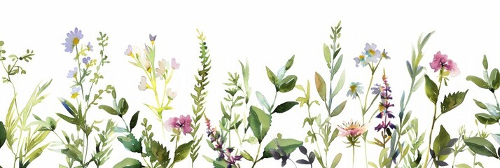 Hand-Painted Frame of Green Leaves and Wildflowers Generative AI