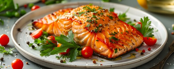 Baked salmon on a white plate A savory and appetizing dish showcasing baked salmon with diverse garnishes on a clean white plate. Concept Salmon Recipes, Seafood Dishes, Healthy Eating