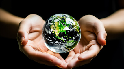 Hands holding earth ball. Hands holding crystal earth globe and growing tree. Conservation day, Environment, save clean planet, ecology concept, Earth Day