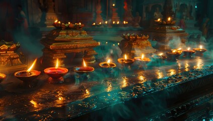 Traditional oil lamps in a temple setting - Oil lamps create a warm, inviting glow in a serene temple setting, reflecting spirituality and tradition