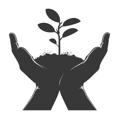 Obraz premium Silhouette Two Hand holding soil with growing sprout black color only