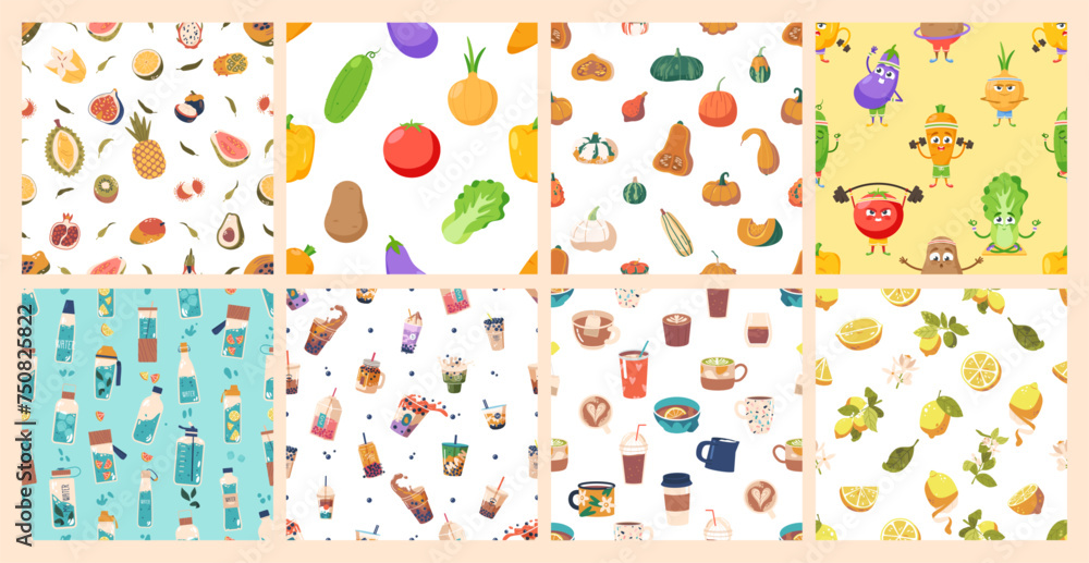 Poster set of seamless patterns with fruits, vegetables and various drinks. vector tile backgrounds with pu