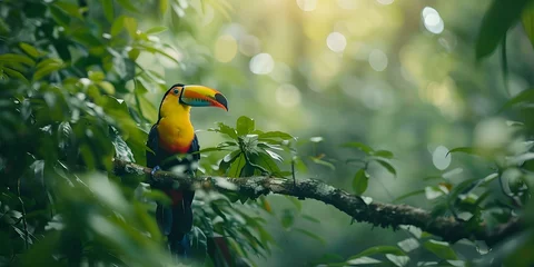 Poster A colorful toucan perched on a tree branch in lush forest. Concept Nature, Wildlife, Tropical Birds, Rainforest, Tree Branches © Ян Заболотний