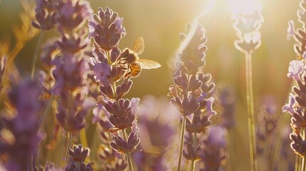  Honey bee pollinates lavender flowers. Soft focus. Close-up macro image with blurred background. Lavender flowers and a honey bee in perfect harmony. A symphony of nature. - obrazy, fototapety, plakaty