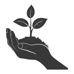 Fototapeta na wymiar Silhouette Two Hand holding soil with growing sprout black color only