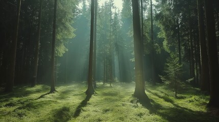 A clean and polished HD capture of a sunlit forest, presenting a minimalist and vibrant background for mockups. - obrazy, fototapety, plakaty