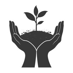 Obraz premium Silhouette Two Hand holding soil with growing sprout black color only