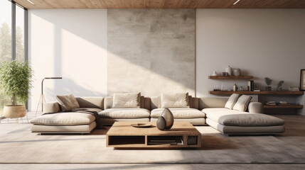 A modern living room with customizable furniture and unique accents
