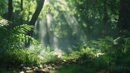 A clean and polished HD capture of a sunlit forest, presenting a minimalist and vibrant background for mockups. - obrazy, fototapety, plakaty
