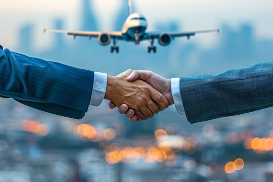 A professional handshake in focus, with a blurred airplane background suggesting global business connections and travel