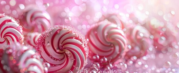 Abstract candy swirls with sparkling water droplets on a pink bokeh background, representing a festive and joyful atmosphere. - obrazy, fototapety, plakaty
