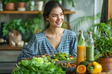 A young woman gracefully sits at a table, enjoying a plate of food