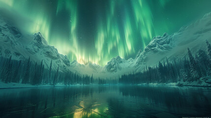 Aurora borealis over the frosty forest. Green northern lights above mountains. Night nature...
