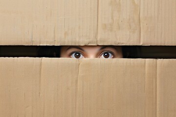 A woman playing peekaboo behind a cardboard box, her eyes wide with curiosity and mischief