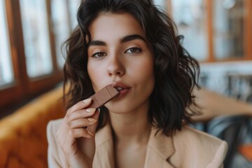A playful woman with short wavy hair holds a chocolate bar between her lips in a whimsical pose