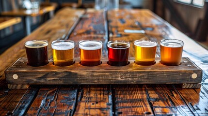 Beer tasting session of five assorted selection of craft beers on wooden tray on old wooden table, concept of beer tasting, brewery, bar, collection, beer flight. - obrazy, fototapety, plakaty