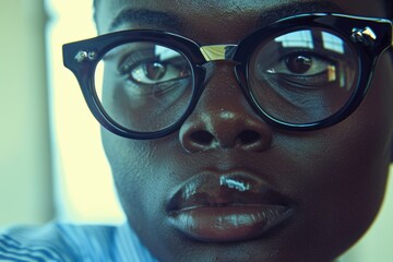 Close-up view of a person wearing stylish glasses