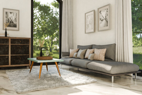 luxurious loft apartment with floor-to-ceiling windows and panoramic view; modern minimalistic interior design of living room area; bright daylight; 3D rendering