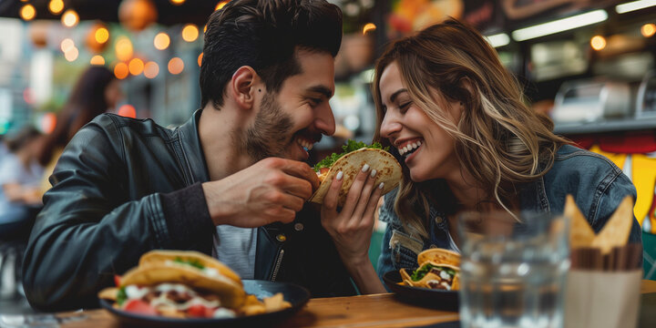 Happy couple sharing tacos in front of a Mexican Food Truck sitting by outdoor dining table have a lot of fun, sweet heart warming romantic scene of lovers dating backgrounds with copy space.