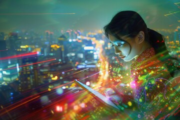 A woman immersed in reading a book on a city street at night, surrounded by urban lights and the quiet hustle of the urban environment