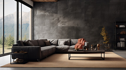 A modern living room with textured wall finishes featuring a black leather sofa, a shag rug