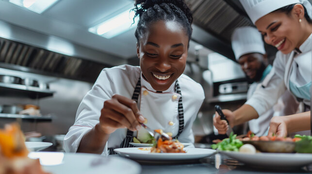 Happy Female African American chef garnishing and decorating plate with her coworker in the kitchen. - Powered by Adobe