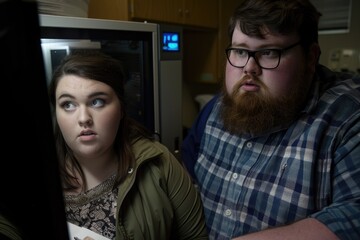 A man and a woman engrossed, analyzing a computer screen, in a professional setting