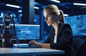 Fototapeta na wymiar woman engineer working on laptop computer