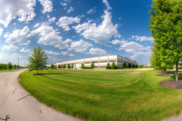 Panoramic View of a Distribution Center with Landscaped Grounds. Wide-angle view of a large warehouse facility surrounded by lush greenery under a blue sky with clouds.