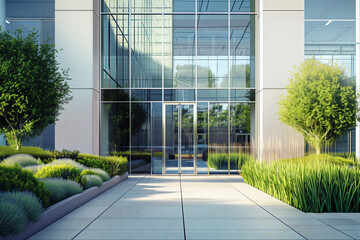 Modern Glass Building Entrance with Greenery. Glass facade of a modern building with lush landscaping reflecting sky and trees.