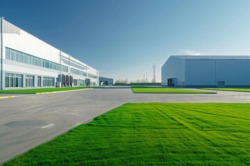 Fototapeta na wymiar Modern Industrial Warehouse Complex on Sunny Day. Expansive modern warehouse buildings under clear blue skies, with lush green lawns and spacious concrete grounds.