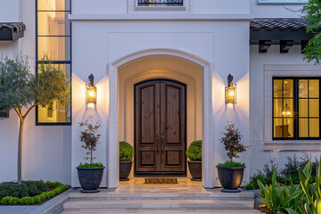 Elegant Arched Entryway with Classic Wooden Doors at Twilight. Elegant home's arched entryway, enhanced by classic wooden doors and warm sconce lighting, accented with lush potted plants.