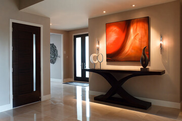 Modern Foyer with Artistic Flair. A chic foyer features a bold art piece, sleek console, and sculptural accents.