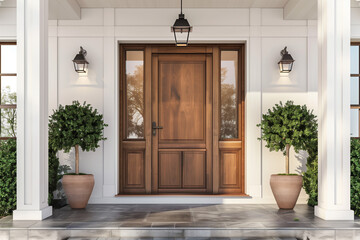 Elegant Home Entry with Wood Door. Modern home entry featuring a warm wooden door flanked by potted topiaries. - obrazy, fototapety, plakaty