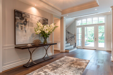 Classic Foyer Interior with Artistic Flair and Natural Light. Elegant foyer with natural light streaming through the French doors, adorned with abstract art and fresh flowers, creating a welcoming atm