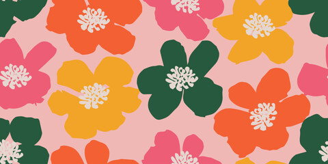 Exotic hand drawn flowers, seamless patterns with colorful floral for fabric, textiles, wrapping paper, cover, banner, home decor, wall art, abstract backgrounds. Vector illustration.