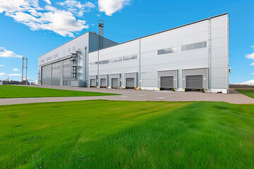 Fototapeta na wymiar Industrial Facility Warehouse with Loading Docks and Blue Sky. Multiple loading docks, set against a vivid blue sky with fluffy clouds and surrounded by vibrant green grass.