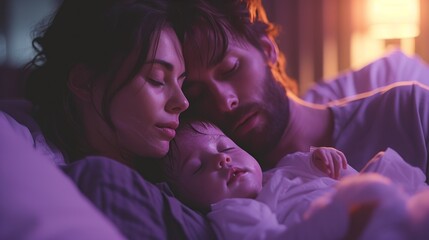 Loving parents take care of a sick baby. Mother and father worry about their child, purple background - obrazy, fototapety, plakaty