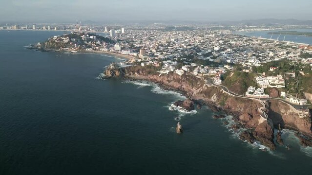 Aerial view of Mazatlan Mexico resort beach town along the Pacific shoreline 