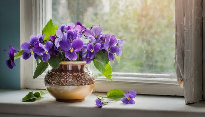 Blue violets in a ceramic vase on the windowsill