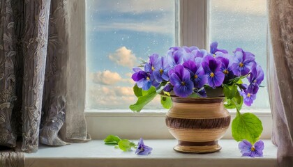 Violets in a ceramic vase on the windowsill