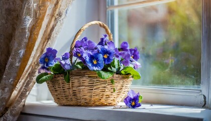 Naklejka premium Blue pansies in the basket on the windowsill 