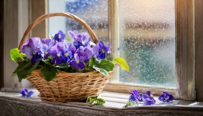 wicker basket with violets on the windowsill
