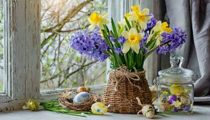Handmade spring decor - a nest of tree branches, easter decoration: spring hyacinth flowers and irises in a nest of tree branches. 